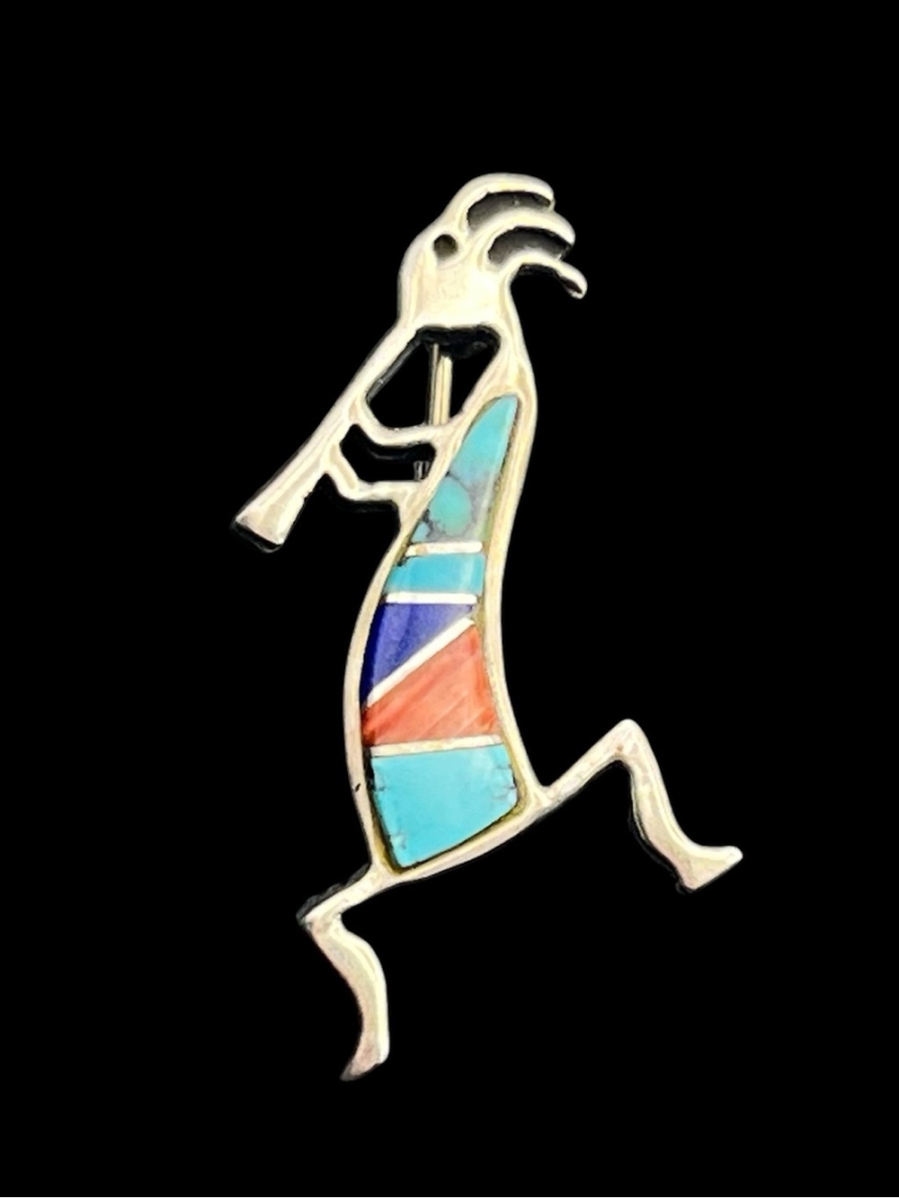 Sterling Silver Kokopelli brooch pin Stone Inlay Southwestern Rock Kritters